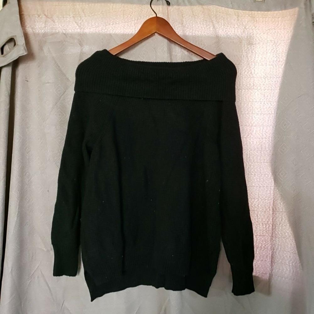 Devotion By Cyrus Sweater Womens Large Black Boat Neck Long Sleeve Waffle Knit